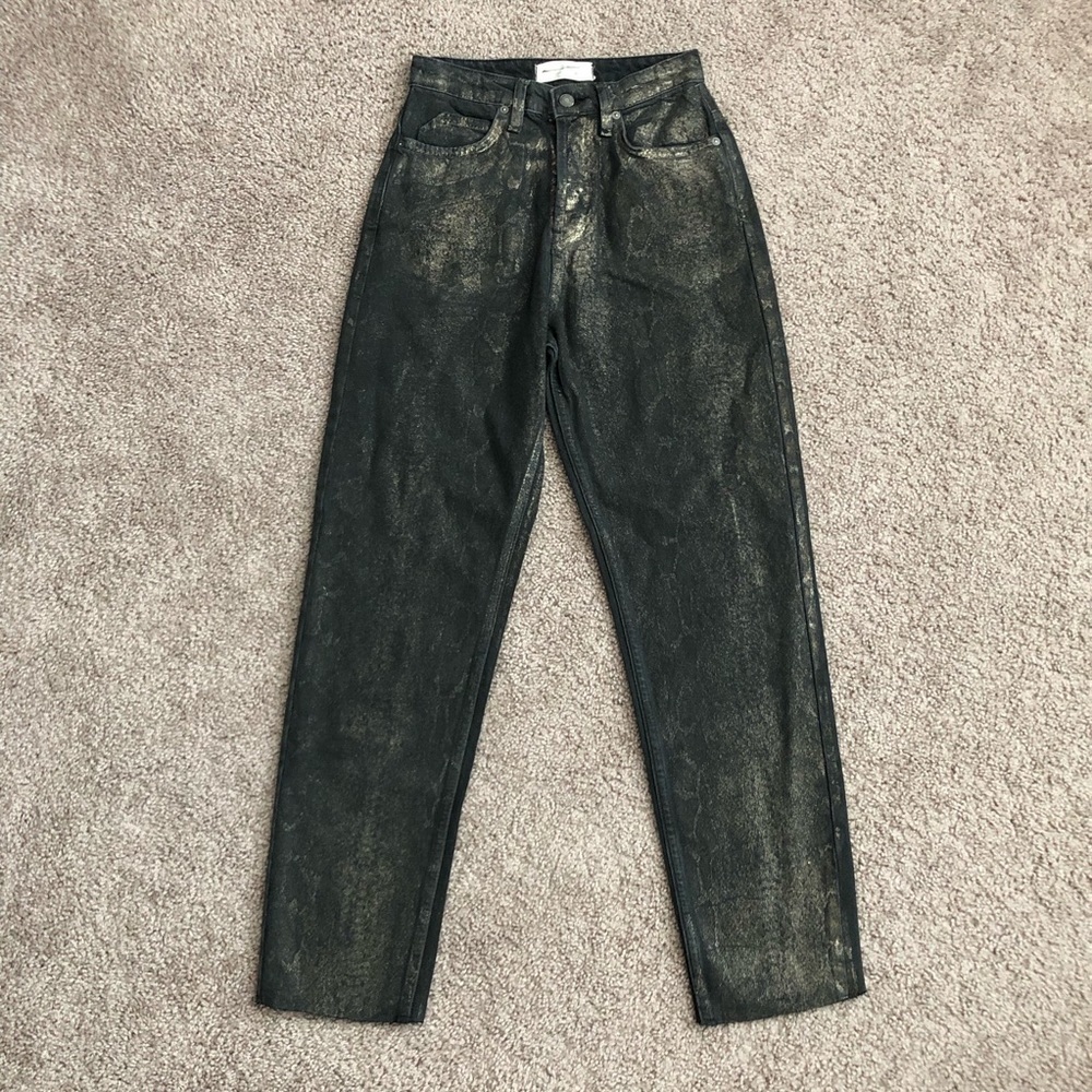 Free People We The Free CRVY Snakeskin Metallic Gold Coated Black Denim Jeans 25